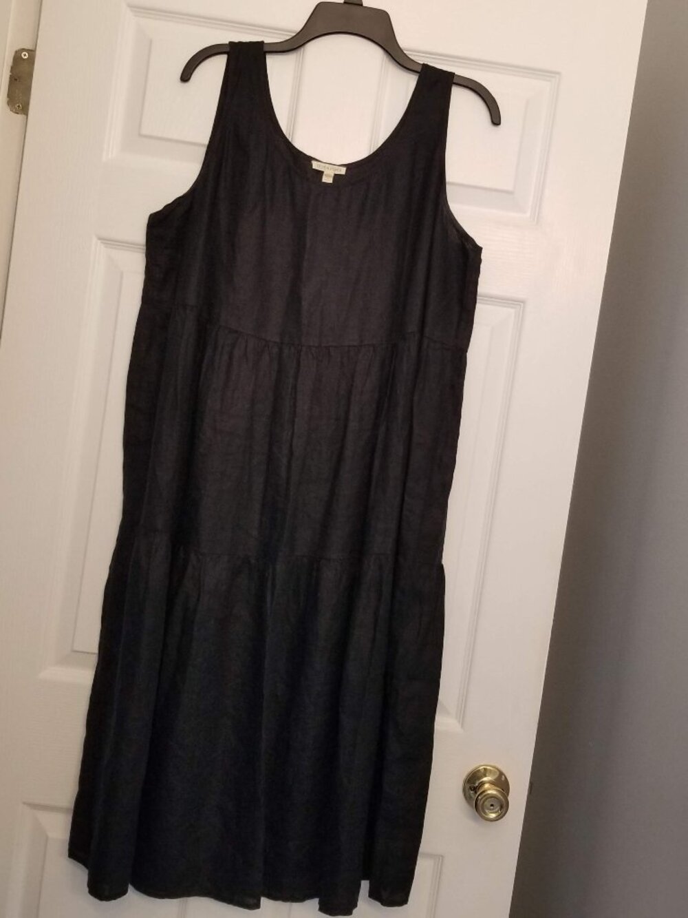 Eileen Fisher Black Sleeveless Organic Linen Tiered Midi Dress